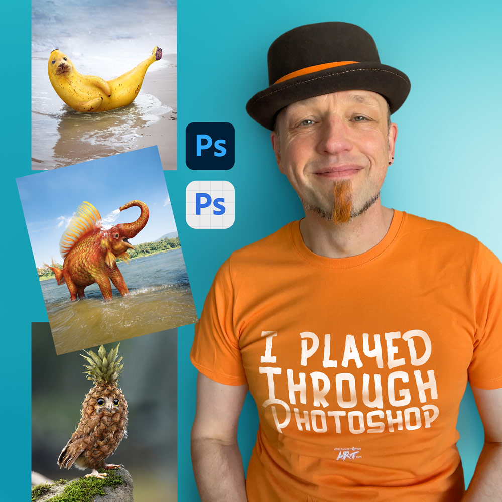 Kooperation mit Adobe Photoshop Mann mit Hut und orangem Bart präsentiert die Zusammenarbeit mit Adobe Photoshop