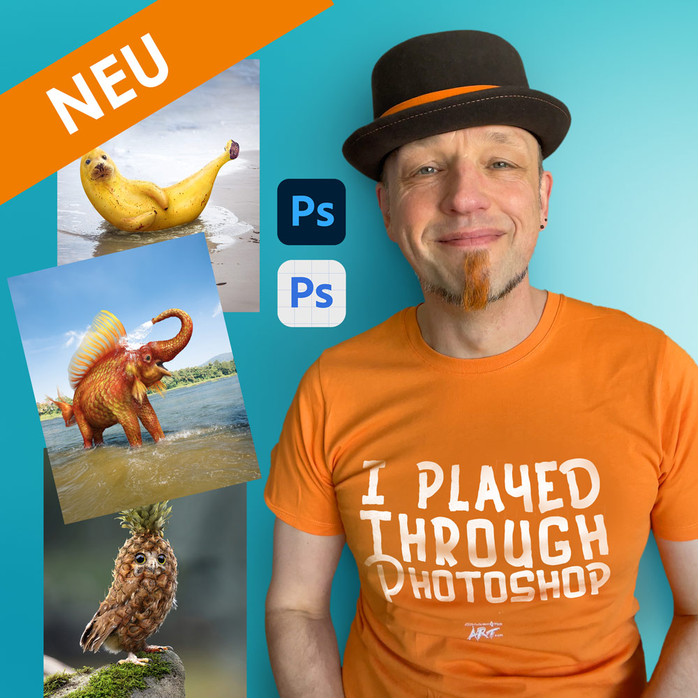 Kooperation mit Adobe Photoshop Ingo mit Hut und orangem Bart präsentiert die Zusammenarbeit mit Adobe Photoshop