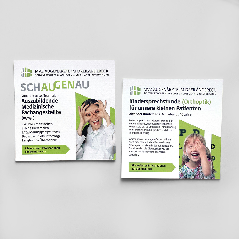 Flyer Design Flyer für die Augenärzte Schwartzkopff in Lörrach. Stellenangebote und Kindersprechstunde.