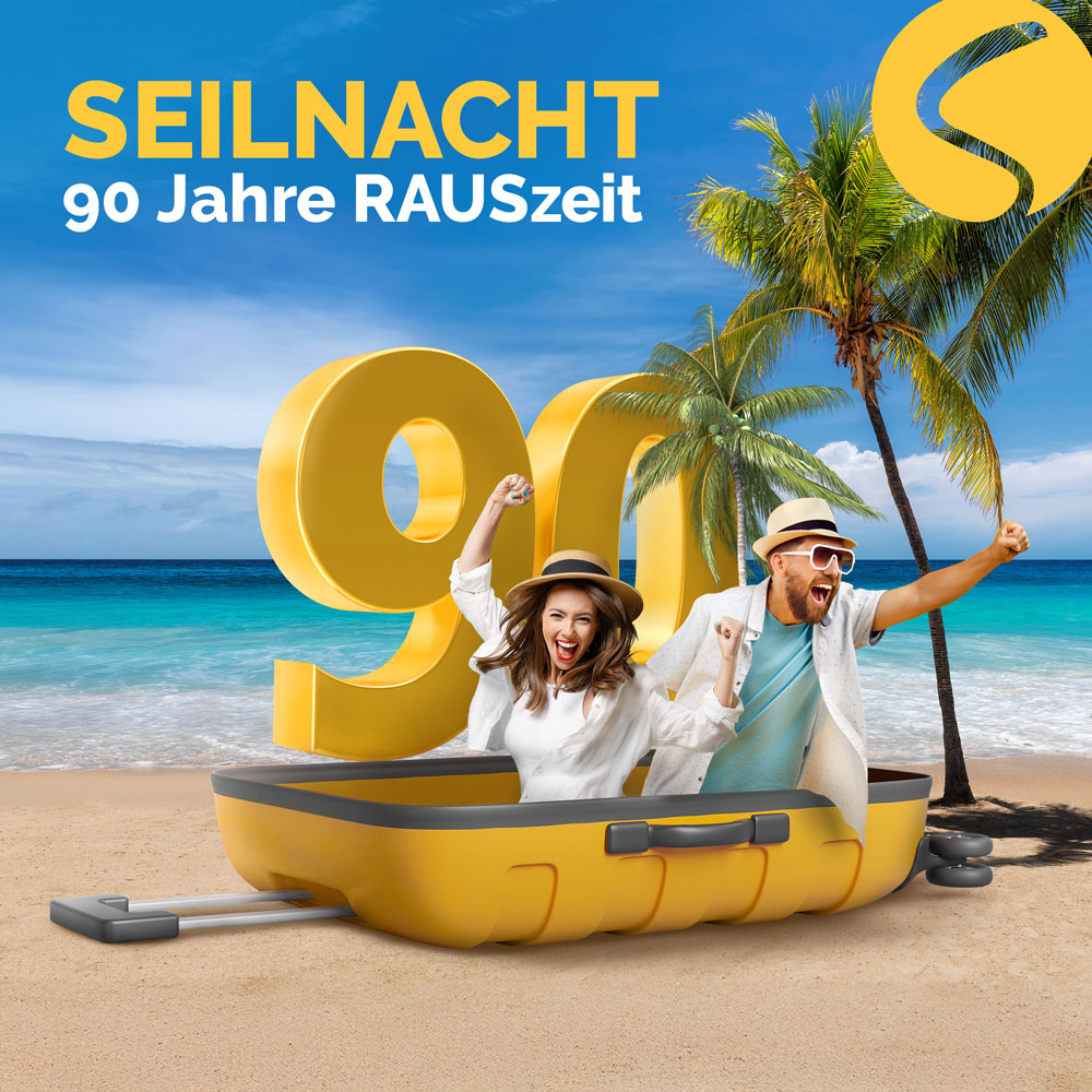 Menschen springen aus dem Koffer in den Urlaub mit 90 Jahre Seilnacht