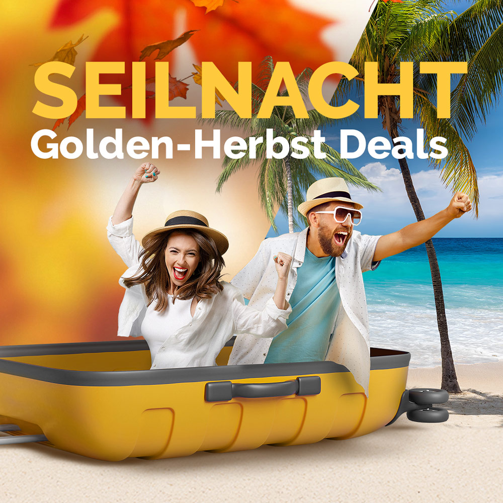 Menschen springen aus dem Koffer in den Urlaub für Golden-Herbst Deals