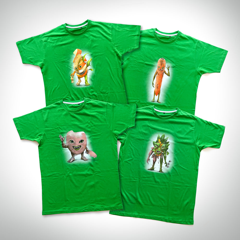 T-shirts in grün mit verschiedenen Monstern als Motive