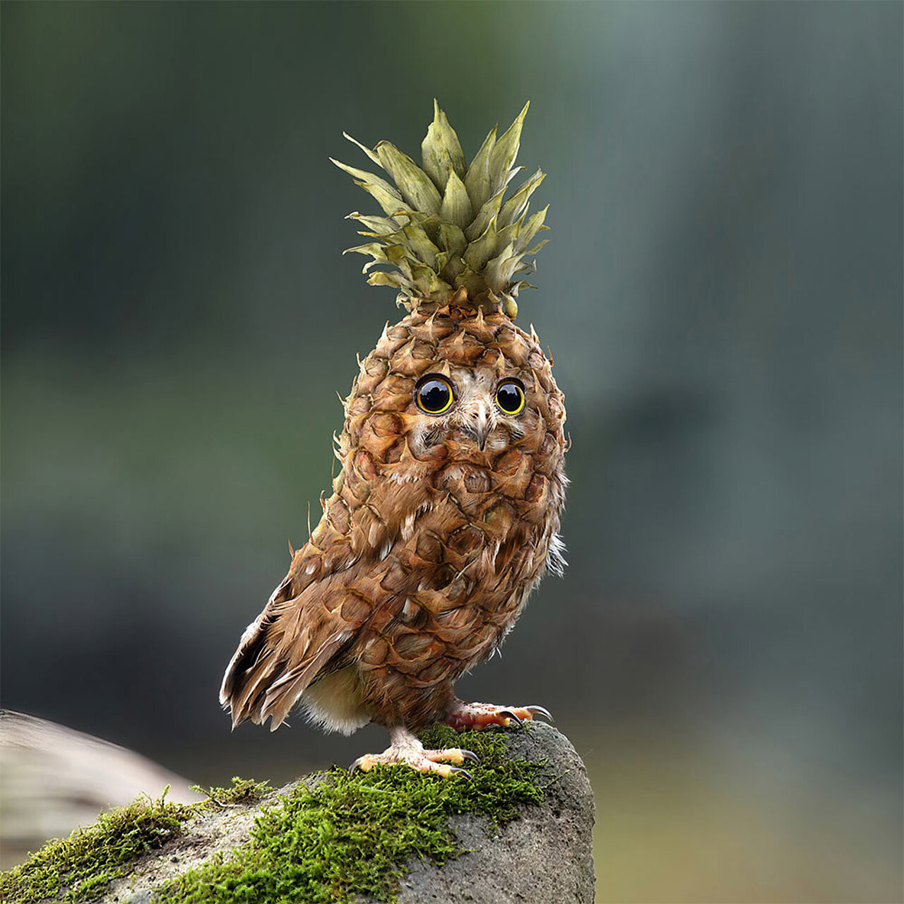 Eine Eule mit dem Körper einer Ananas mit großen Kulleraugen