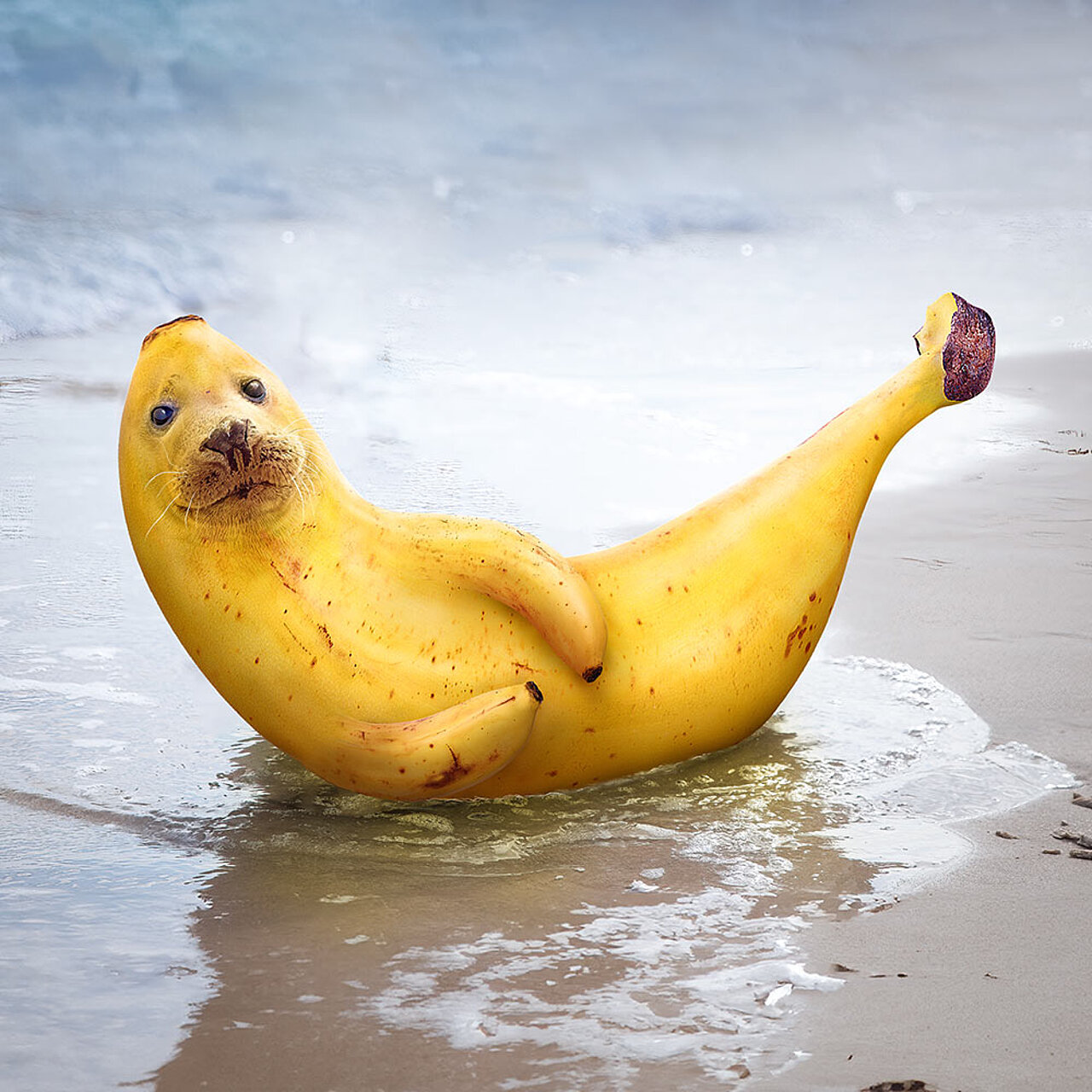 Eine fantasievolle Robbe mit einem Körper aus Bananen liegt am Strand