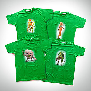 T-shirts in grün mit verschiedenen Monstern als Motive